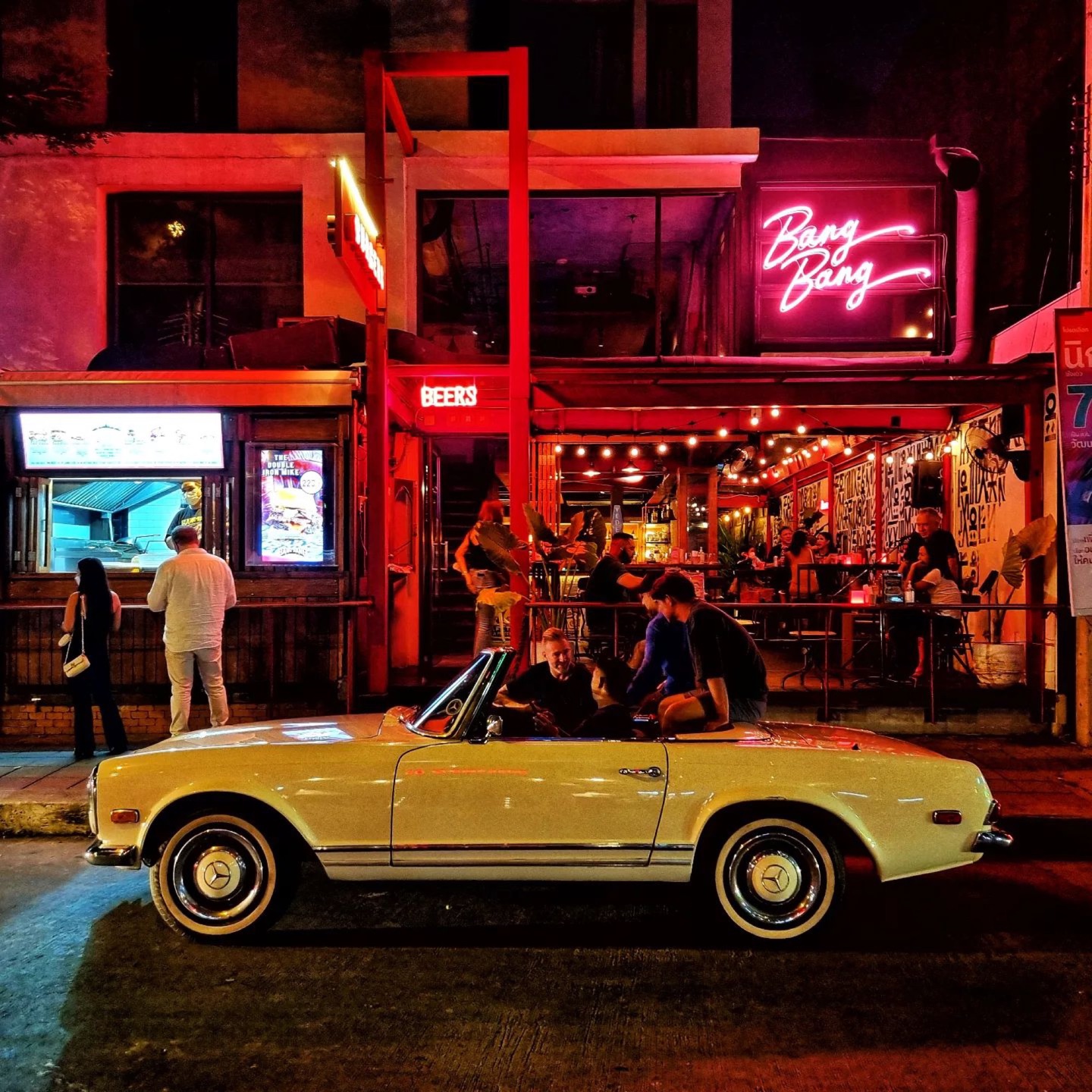 Bang Bang Burgers frontage at night