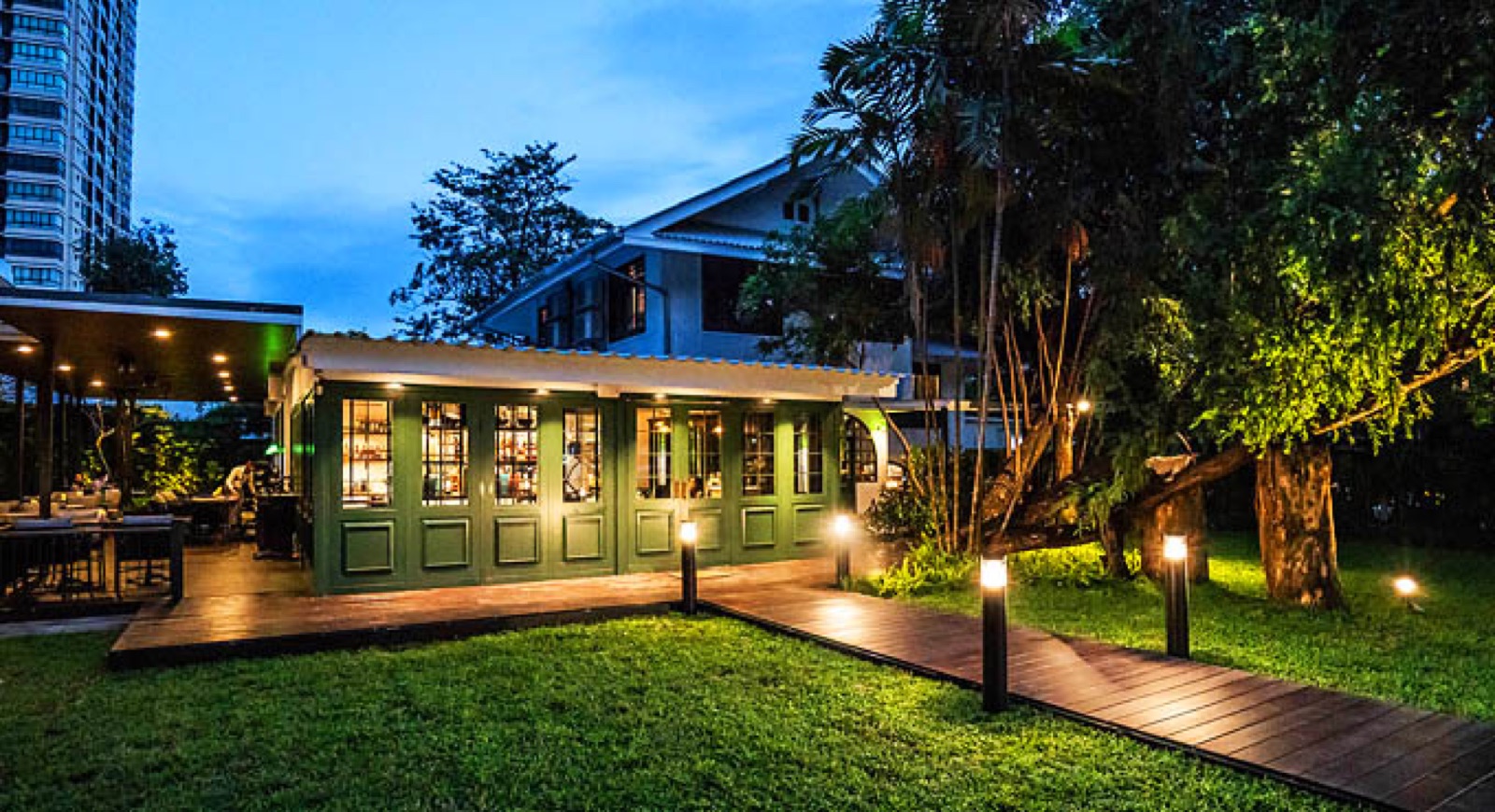 Water Library portfolio — restaurant and garden at dusk